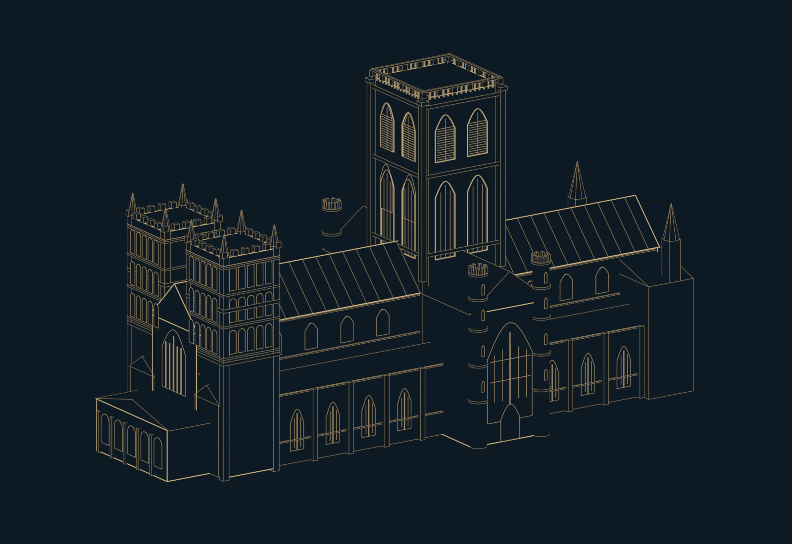 Gold architectural line drawing of Durham Cathedral